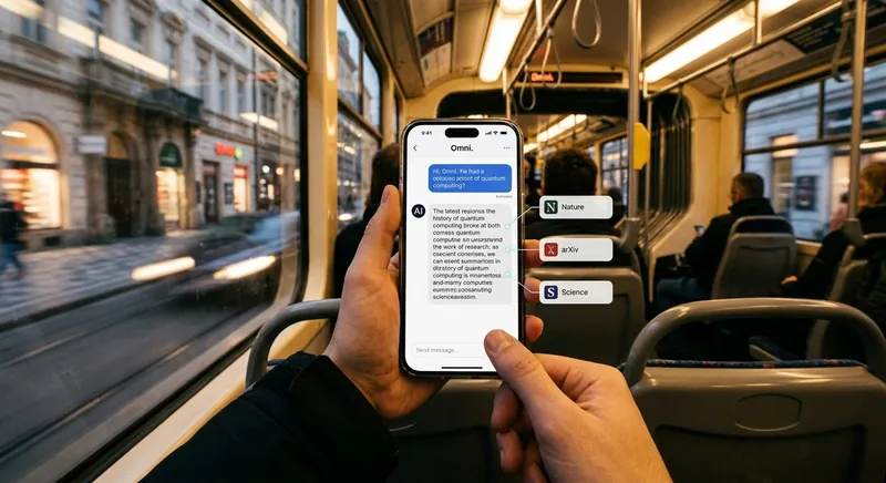 Telefon w tramwaju z odpowiedzią asystenta AI i cytowanymi źródłami