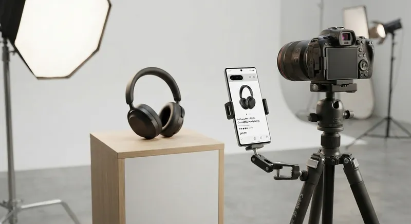 Sesja produktowa słuchawek ze smartfonem pokazującym kartę produktu