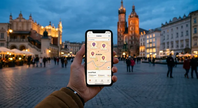 Telefon z mapą i trzema wyróżnionymi firmami na tle Rynku Głównego w Krakowie