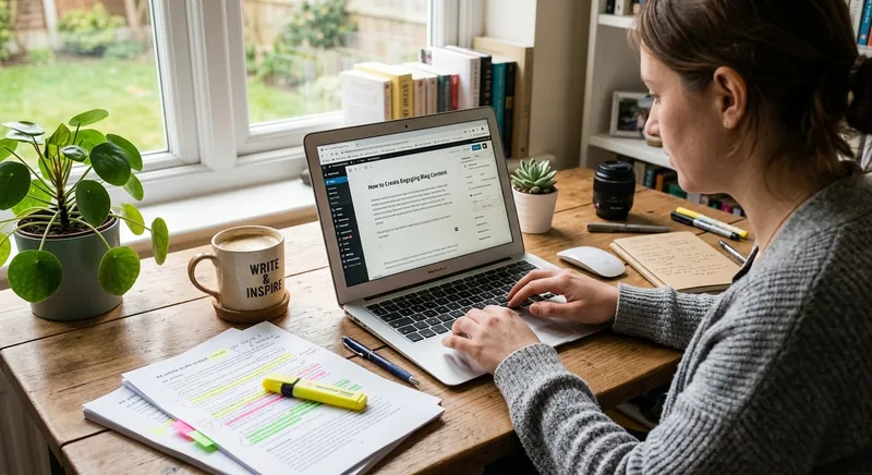 Autorka pisze artykuł na blog przy biurku z poprawionymi wydrukami tekstu