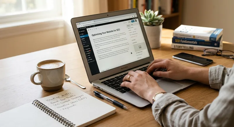 Copywriter pisze tekst SEO na laptopie obok notatek z propozycjami nagłówków