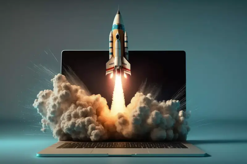 Rakieta startująca z ekranu laptopa