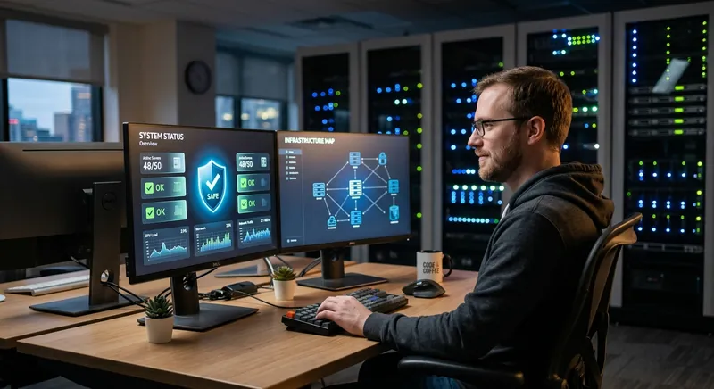 Specjalista monitoruje działanie i bezpieczeństwo stron internetowych na dwóch monitorach
