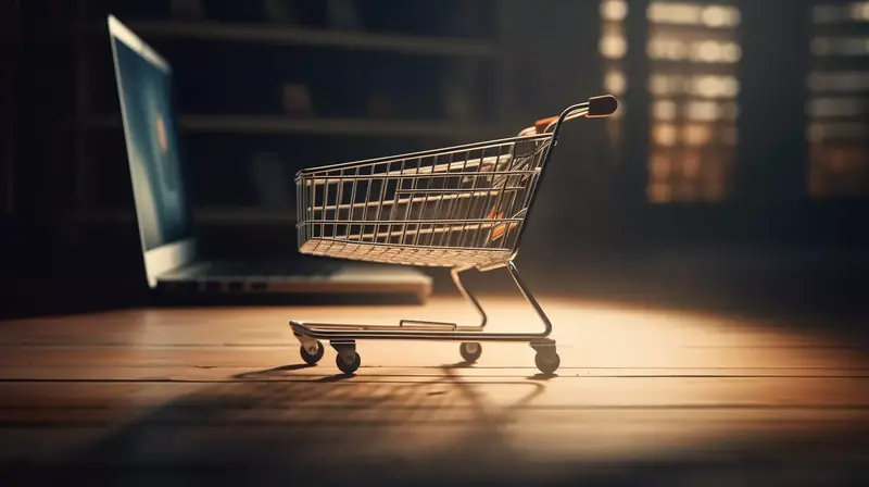 Miniaturowy wózek sklepowy przed laptopem