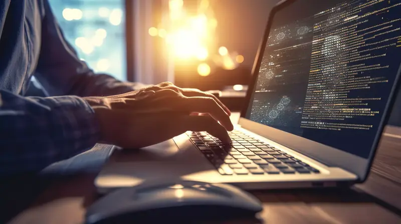 Dłonie na klawiaturze laptopa z kodem strony
